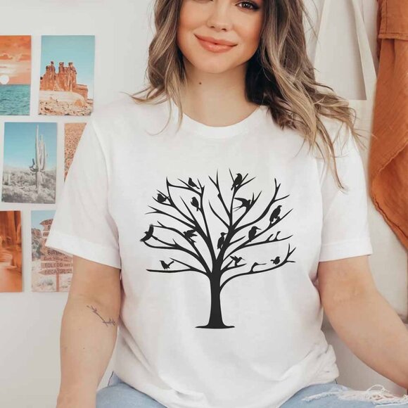 Birds In Tree Shirt, Bird T-shirt, Tree Silhouette Shirt, Gift for Bird Lovers - Picture 1 of 3
